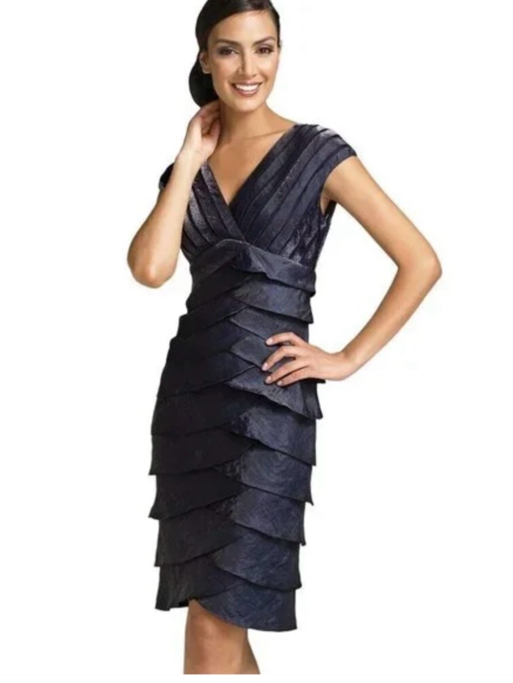 Adrianna Papell blue metallic tiered sheath cocktail dress.